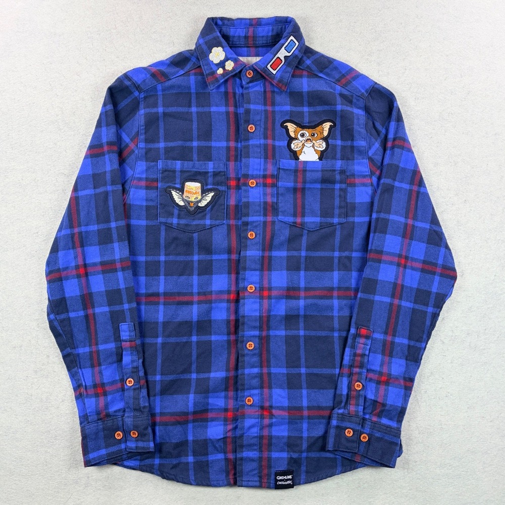 Cakeworthy Gremlins Flannel Shirt Mens Small Blue Plaid Gizmo Embroidered Patch